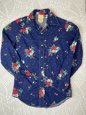 Vintage 1970s Kid Kountry Western Art Boys 12 Years Blue Floral Rodeo Shirt